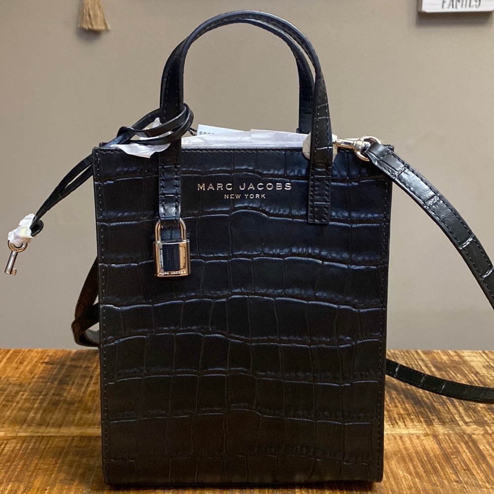 Marc Jacobs Black Croc-Embossed Mini Crossbody Tote